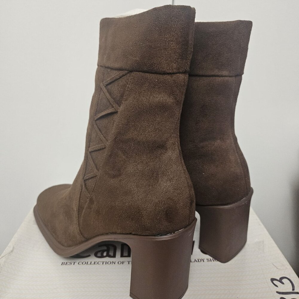 Brown Suede Heeled Square Toe Ankle Boots 7.5 - Picture 6 of 7